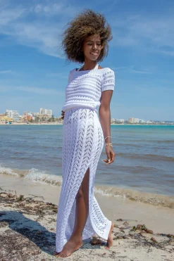 Spódnica I Bluzka | Spódnice Maxi>Fobya Ażurowy komplet bluzka i długa spódnica z rozporkiem F1464 biały