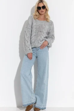 Swetry Na Jesień I Zimę | Ciepłe Swetry>Fobya Ażurowy wełniany sweter o grubym splocie Chunky Knit F1318 szary