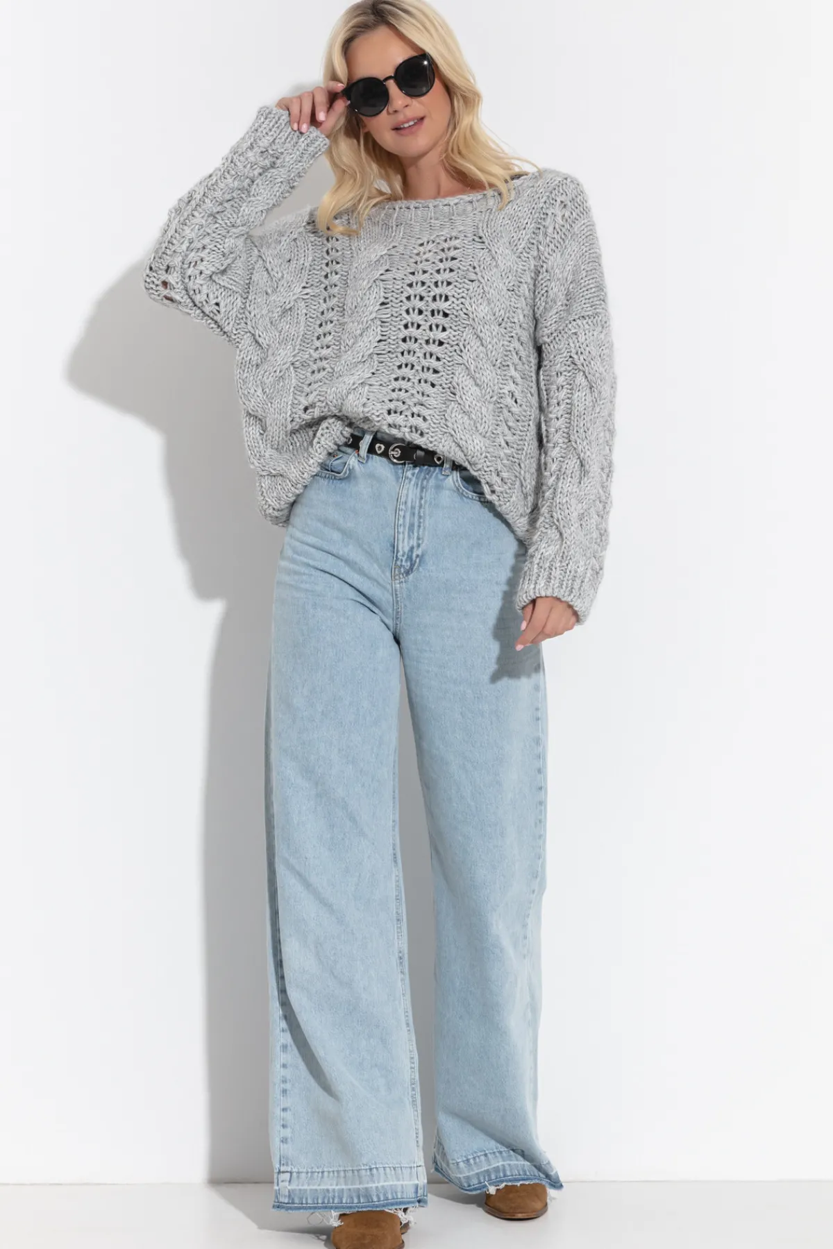 Swetry Na Jesień I Zimę | Ciepłe Swetry>Fobya Ażurowy wełniany sweter o grubym splocie Chunky Knit F1318 szary