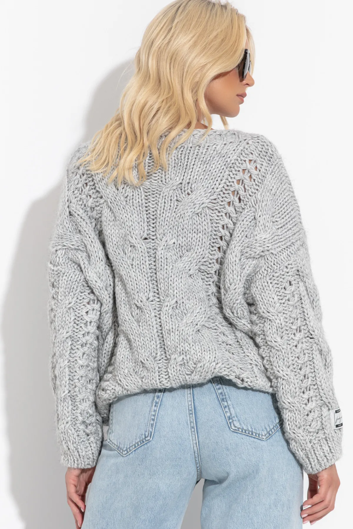 Swetry Na Jesień I Zimę | Ciepłe Swetry>Fobya Ażurowy wełniany sweter o grubym splocie Chunky Knit F1318 szary