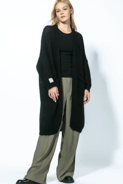 Kardigany Na Jesień I Zimę | Kardigany Eleganckie>Fobya Delikatny długi kardigan z wełny alpaki F1734 czarny