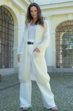 Kardigany Na Jesień I Zimę | Kardigany Eleganckie>Fobya Delikatny długi kardigan z wełny alpaki F1734 ecru