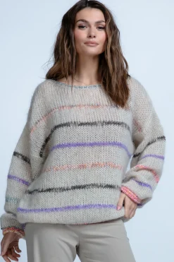 Swetry Oversize | Swetry We Wzór>Fobya DELIKATNY KOLOROWY SWETER Z WEŁNY ALPAKI F1844 beżowy