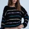 Swetry Oversize | Swetry We Wzór>Fobya DELIKATNY KOLOROWY SWETER Z WEŁNY ALPAKI F1844 czarny
