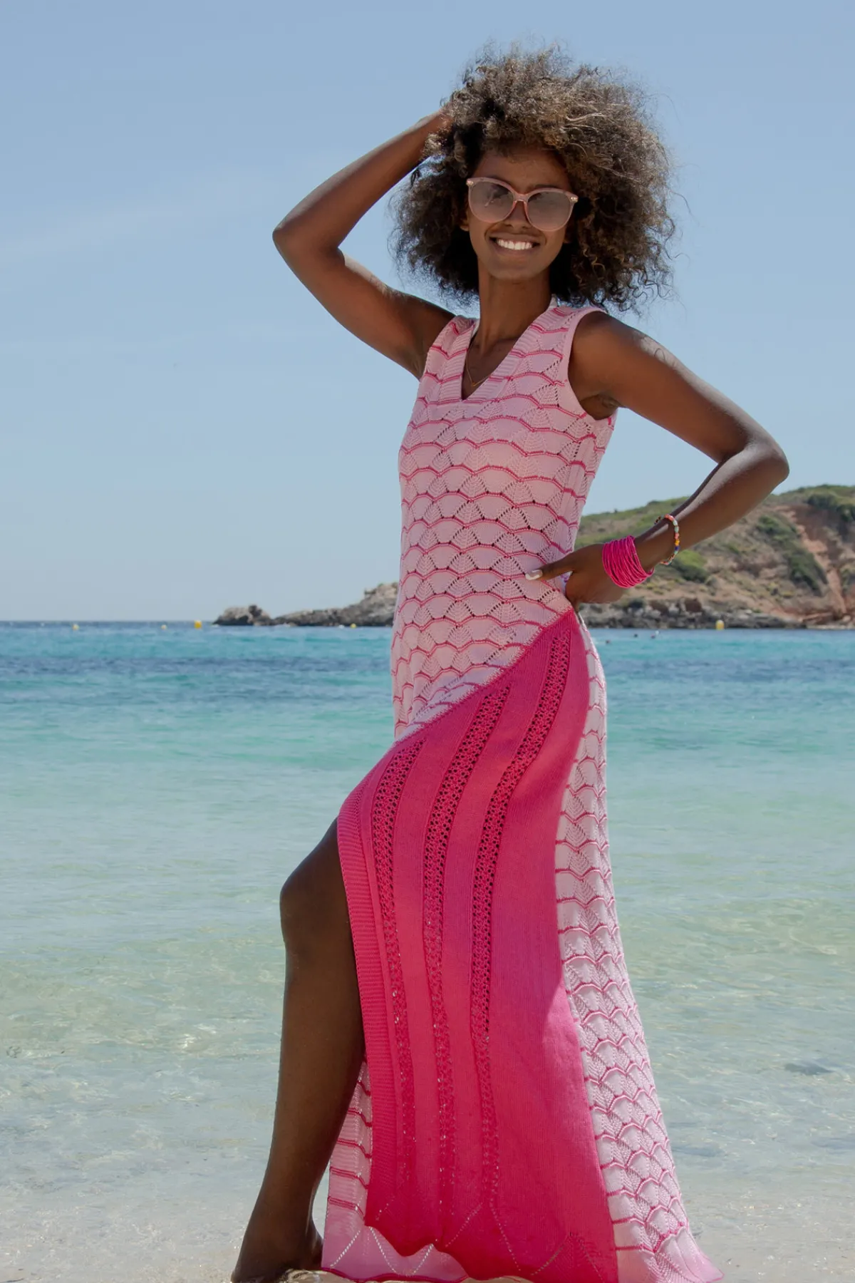 Sukienki Boho | Ażurowe Sukienki>Fobya Długa ażurowa letnia sukienka F1460 candypink