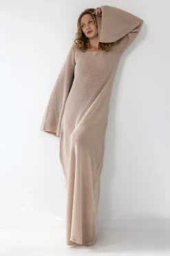Sukienki Boho | Sukienki Na Lato>Fobya Długa ażurowa sukienka z bawełny organicznej i kaszmiru boho F2028 beżowy