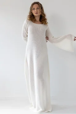 Sukienki Boho | Sukienki Na Lato>Fobya Długa ażurowa sukienka z bawełny organicznej i kaszmiru boho F2028 ecru
