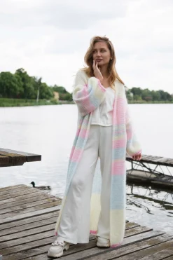 Kardigany Długie | Kardigany Wzorzyste>Fobya Długi kardigan Rainbow z kid moheru i merynosa F2040 żółty