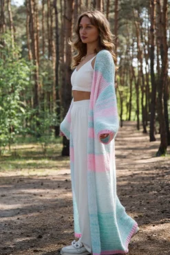 Kardigany Długie | Kardigany Wzorzyste>Fobya Długi kardigan Rainbow z kid moheru i merynosa F2040 niebieski