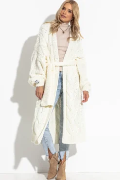 Kardigany Na Jesień I Zimę | Kardigany Z Paskiem>Fobya Długi kardigan z paskiem Chunky Knit F1280 ecru