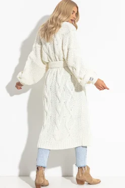 Kardigany Na Jesień I Zimę | Kardigany Z Paskiem>Fobya Długi kardigan z paskiem Chunky Knit F1280 ecru