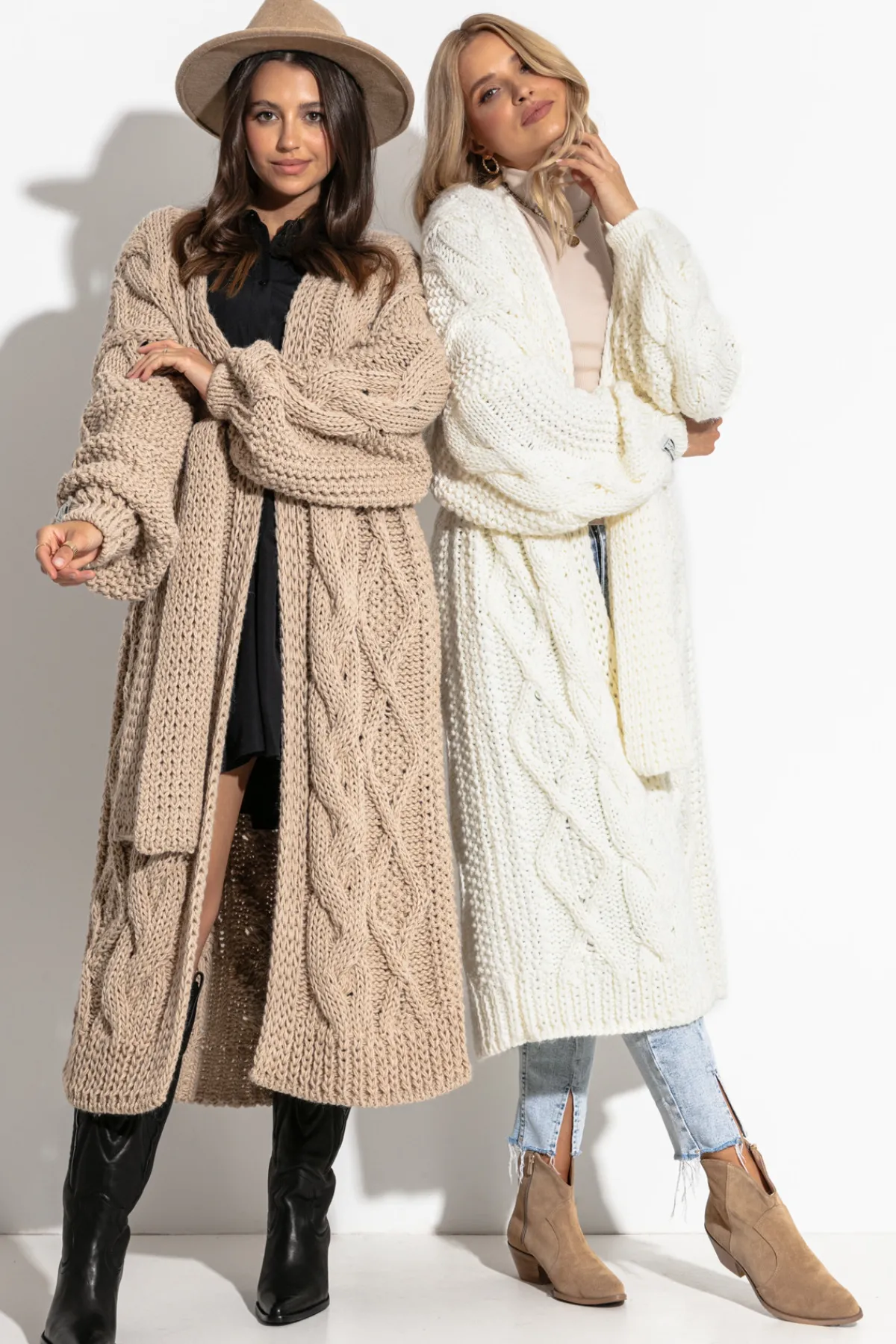 Kardigany Na Jesień I Zimę | Kardigany Z Paskiem>Fobya Długi kardigan z paskiem Chunky Knit F1280 ecru