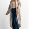 Kardigany Na Jesień I Zimę | Kardigany Klasyczne>Fobya Długi, kolorowy kardigan z wełny w paski F1884 beżowy