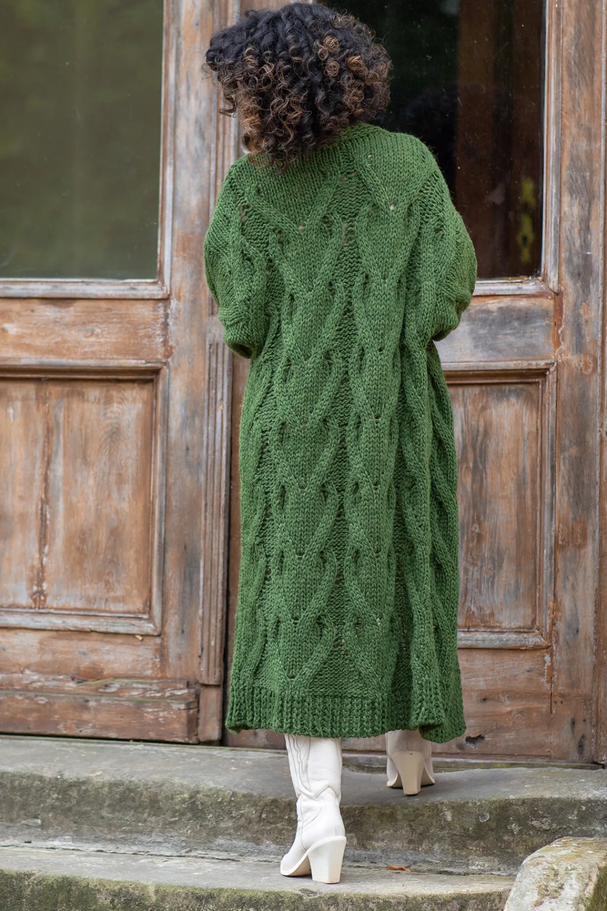 Kardigany Na Jesień I Zimę | Kardigany Z Paskiem>Fobya Długi wełniany Kardigan z ozdobnym grubym splotem Chunky Knit F1261 oliwka