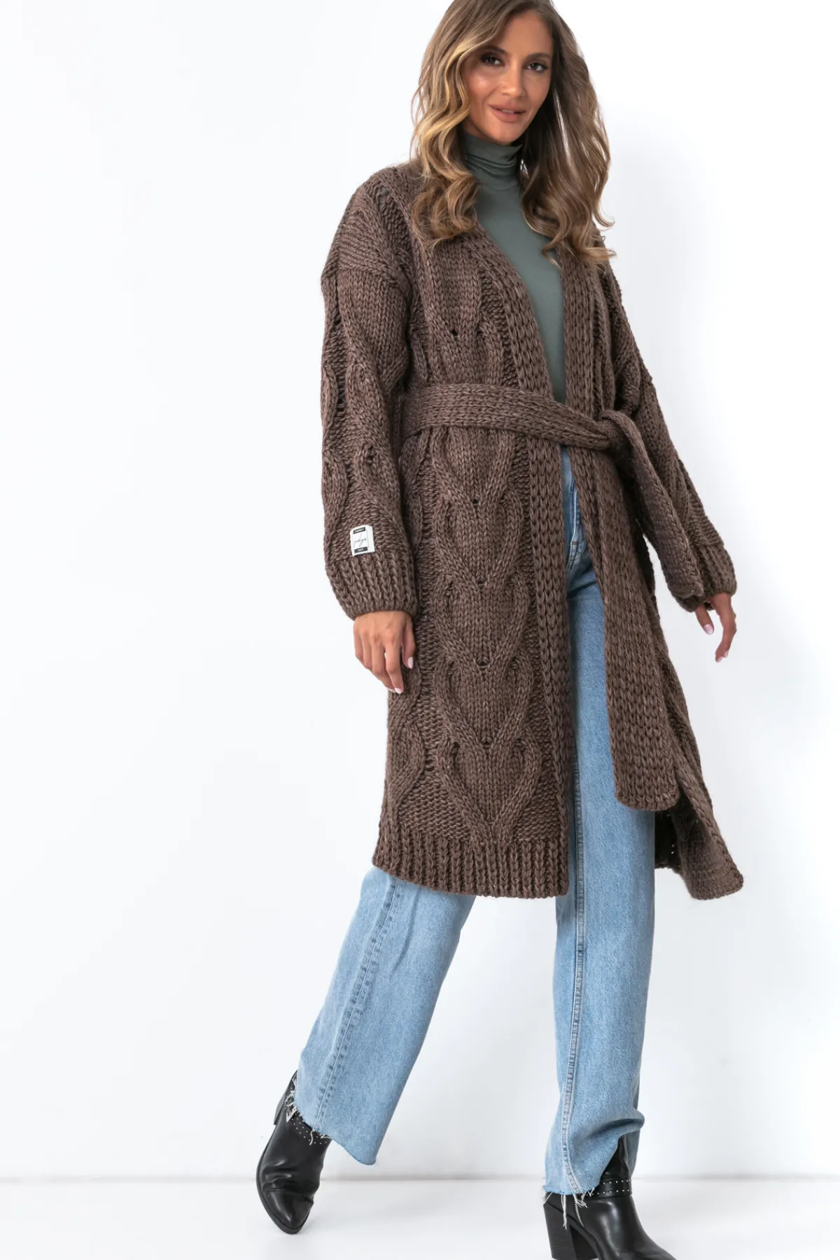 Kardigany Na Jesień I Zimę | Kardigany Z Paskiem>Fobya Długi wełniany Kardigan z ozdobnym grubym splotem Chunky Knit F1261 espresso