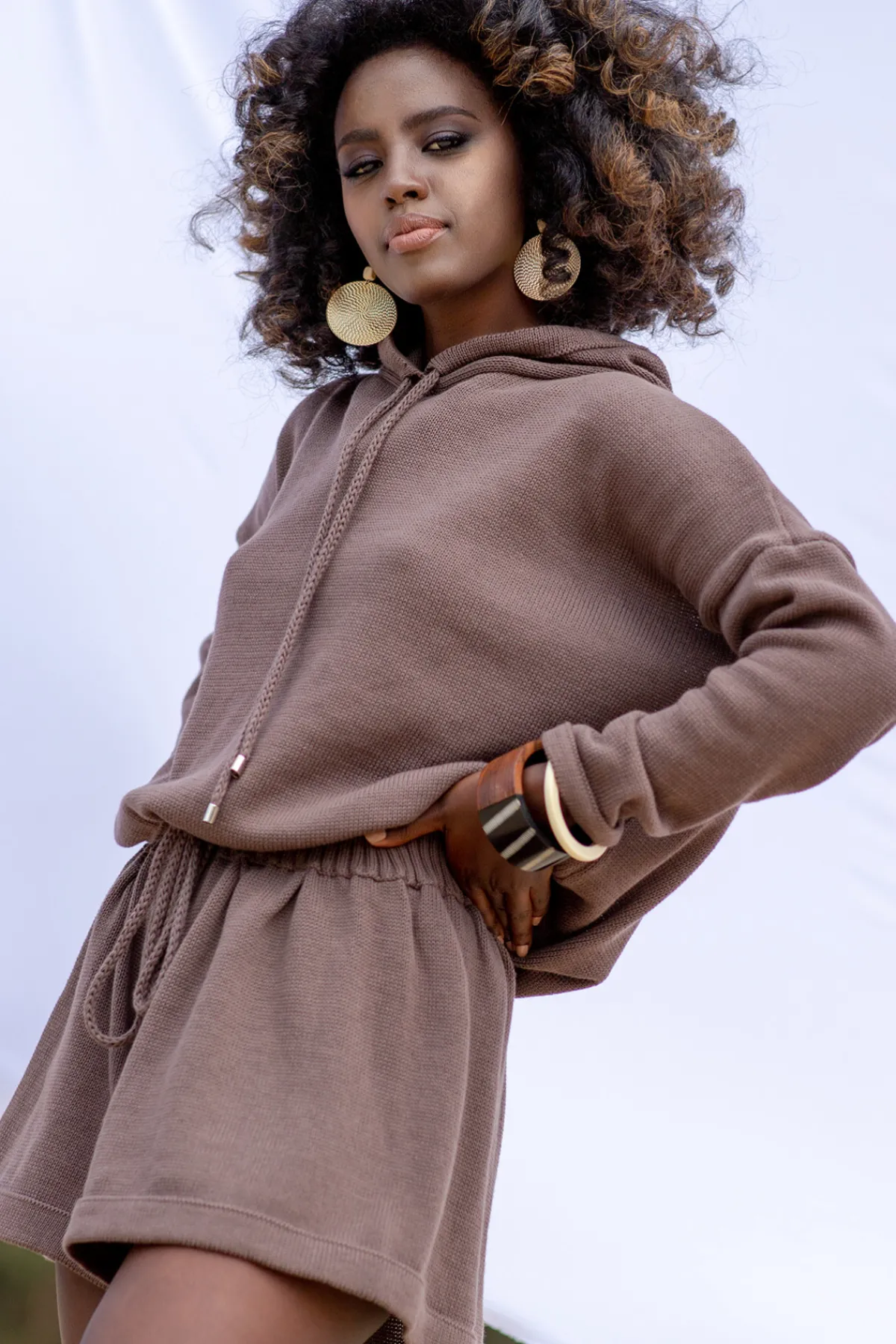 Bluzy | Bluzy>Fobya Dzianinowa letnia Bluza z kapturem F1250 choco