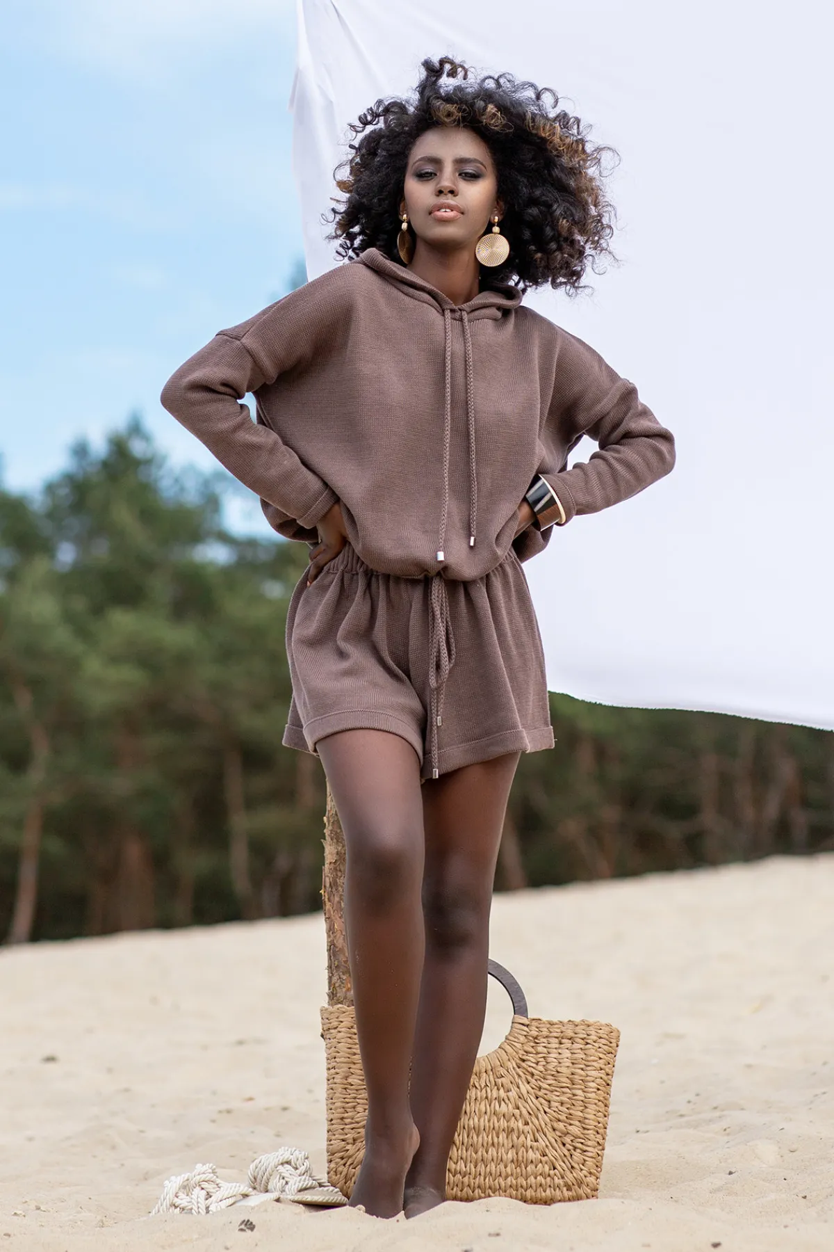 Bluzy | Bluzy>Fobya Dzianinowa letnia Bluza z kapturem F1250 choco