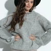 Swetry Oversize | Swetry Eleganckie>Fobya Elegancki Zapinany Sweter z wełny alpaki F1393 szary