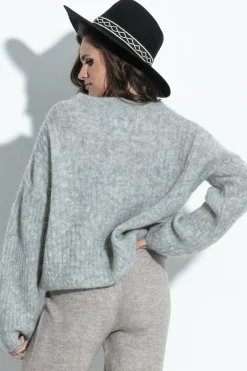 Swetry Oversize | Swetry Eleganckie>Fobya Elegancki Zapinany Sweter z wełny alpaki F1393 szary