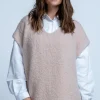 Kamizelki Swetrowe | Swetry Oversize>Fobya KAMIZELKA Z WEŁNY DZIEWICZEJ F1850 beżowy