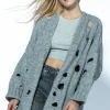 Kardigany Na Jesień I Zimę | Kardigany Eleganckie>Fobya Kardigan chunky knit z pęknięciami F1738 szary