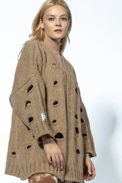 Kardigany Na Jesień I Zimę | Kardigany Eleganckie>Fobya Kardigan chunky knit z pęknięciami F1738 carmel