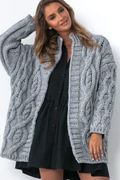 Kardigany Na Jesień I Zimę | Kardigany Klasyczne>Fobya Kardigan o grubym splocie Chunky Knit F1555 szary