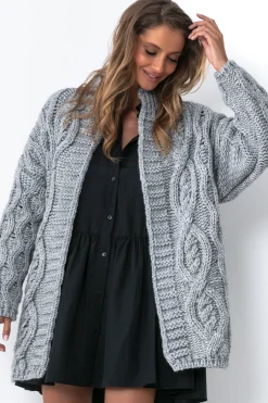 Kardigany Na Jesień I Zimę | Kardigany Klasyczne>Fobya Kardigan o grubym splocie Chunky Knit F1555 szary