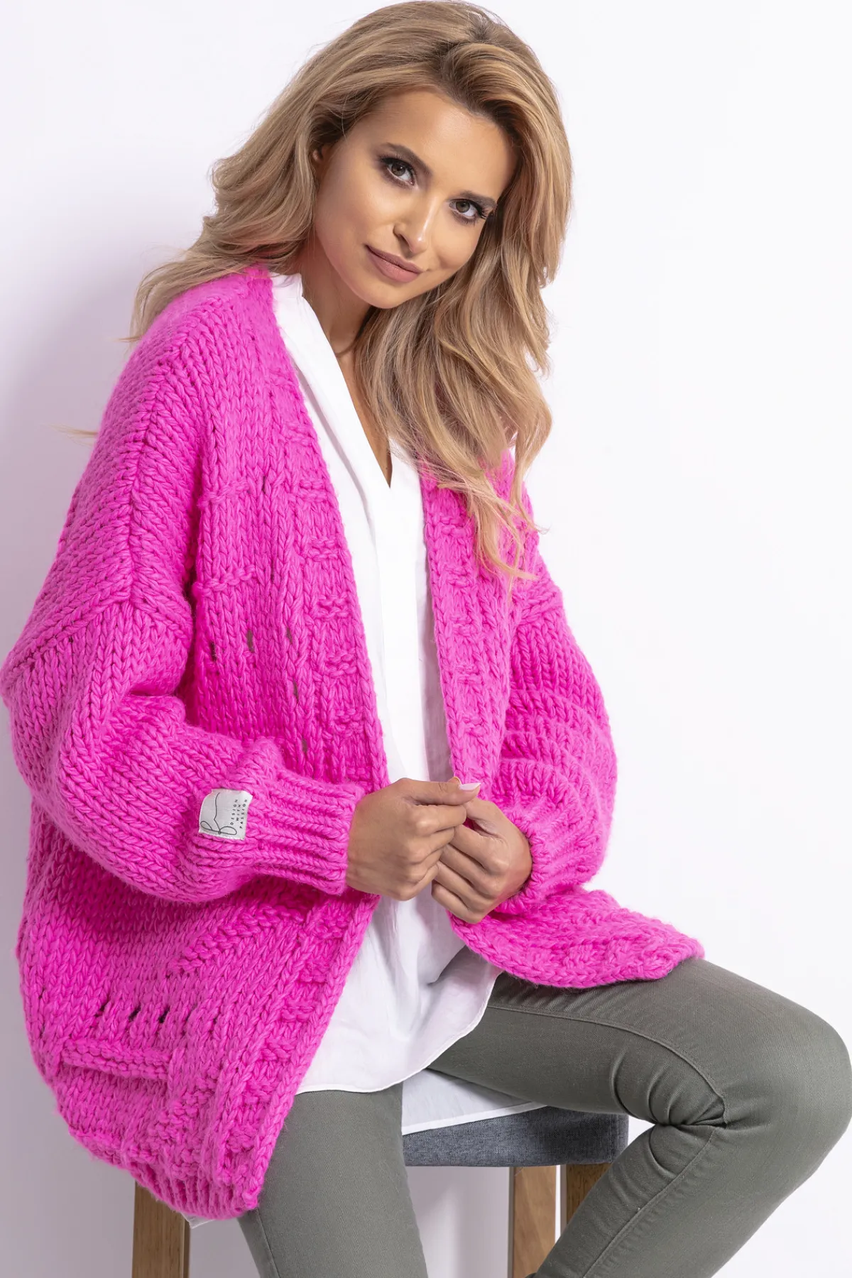 Kardigany Eleganckie | Kardigany Klasyczne>Fobya Kardigan oversize z ażurowym wzorem F779 sweetpink