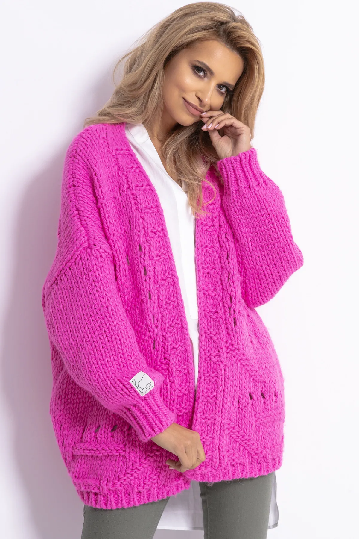 Kardigany Eleganckie | Kardigany Klasyczne>Fobya Kardigan oversize z ażurowym wzorem F779 sweetpink