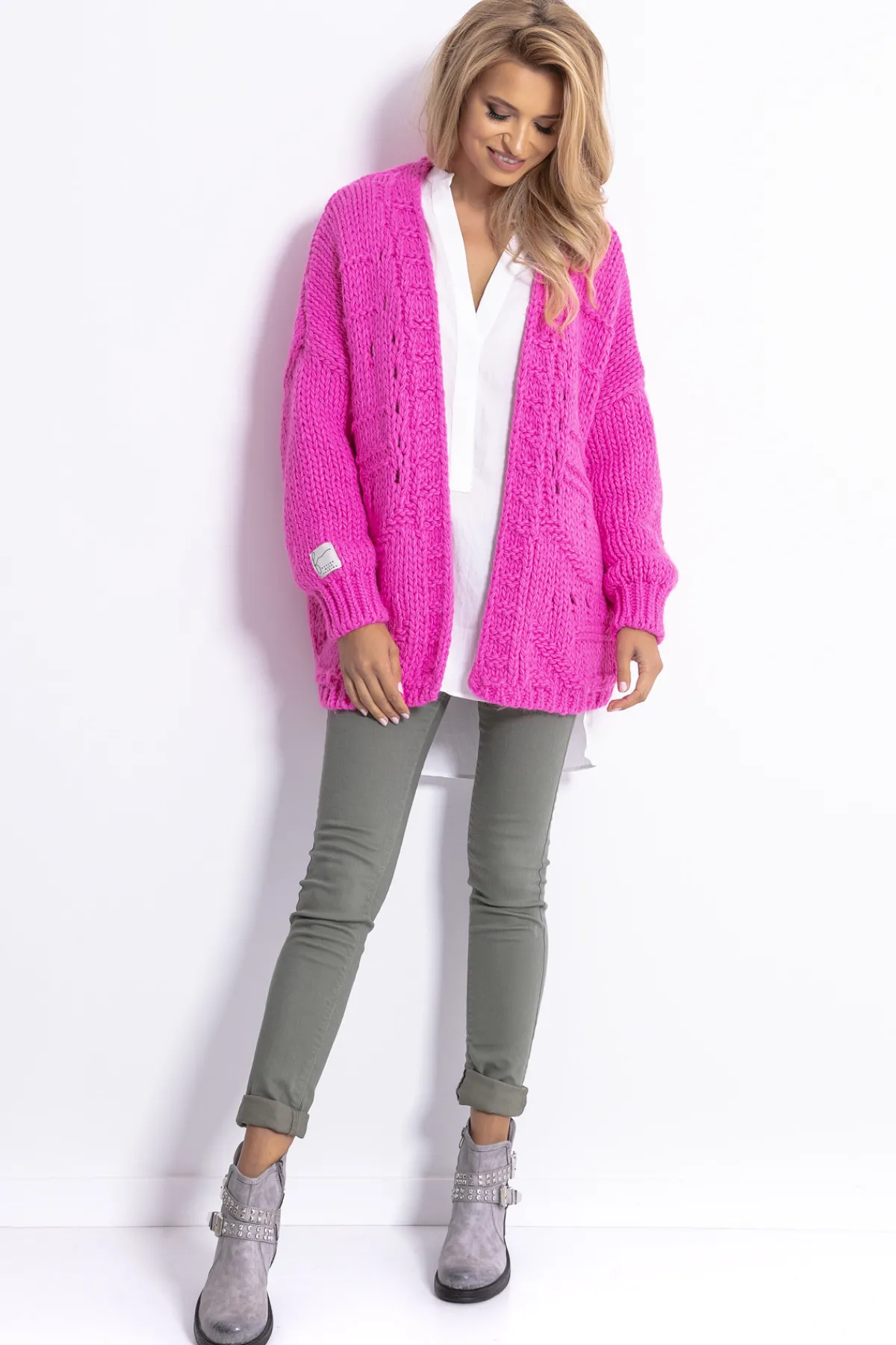 Kardigany Eleganckie | Kardigany Klasyczne>Fobya Kardigan oversize z ażurowym wzorem F779 sweetpink