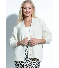 Kardigany Na Jesień I Zimę | Kardigany Eleganckie>Fobya Klasyczny prosty wełniany kardigan zapinany na guziki F1710 ecru