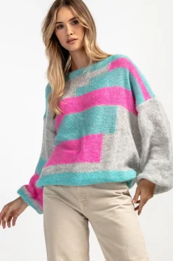 Swetry Oversize | Cienkie Swetry>Fobya Kolorowy casualowy sweter z wełny F1895 sweetpink