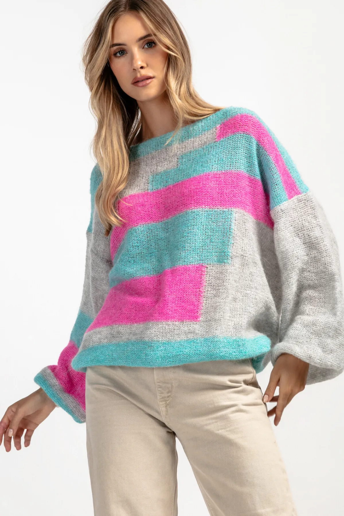 Swetry Oversize | Cienkie Swetry>Fobya Kolorowy casualowy sweter z wełny F1895 sweetpink