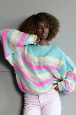 Swetry Oversize | Swetry We Wzór>Fobya Kolorowy moherowy sweter w paski F1970 niebieski