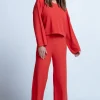 Spodnie Z Wysokim Stanem | Spodnie Prążkowane>Fobya Luźne eleganckie Spodnie prążkowane F1413 pomarańczowy