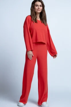 Spodnie Z Wysokim Stanem | Spodnie Prążkowane>Fobya Luźne eleganckie Spodnie prążkowane F1413 pomarańczowy