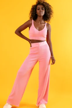 Spodnie Z Wysokim Stanem | Spodnie Prążkowane>Fobya Luźne eleganckie Spodnie prążkowane F1413 babypink