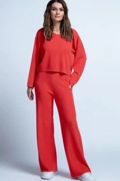 Spodnie Z Wysokim Stanem | Spodnie Prążkowane>Fobya Luźne eleganckie Spodnie prążkowane F1413 pomarańczowy