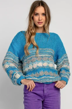 Swetry Oversize | Swetry Eleganckie>Fobya Luźny kolorowy sweter F1820 niebieski