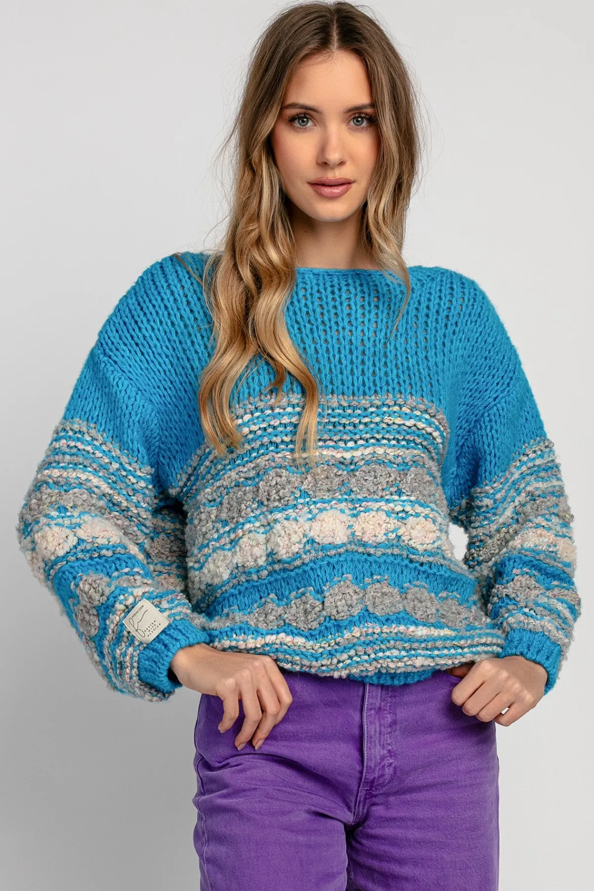 Swetry Oversize | Swetry Eleganckie>Fobya Luźny kolorowy sweter F1820 niebieski