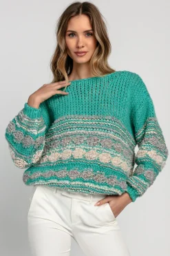Swetry Oversize | Swetry Eleganckie>Fobya Luźny kolorowy sweter F1820 zielony