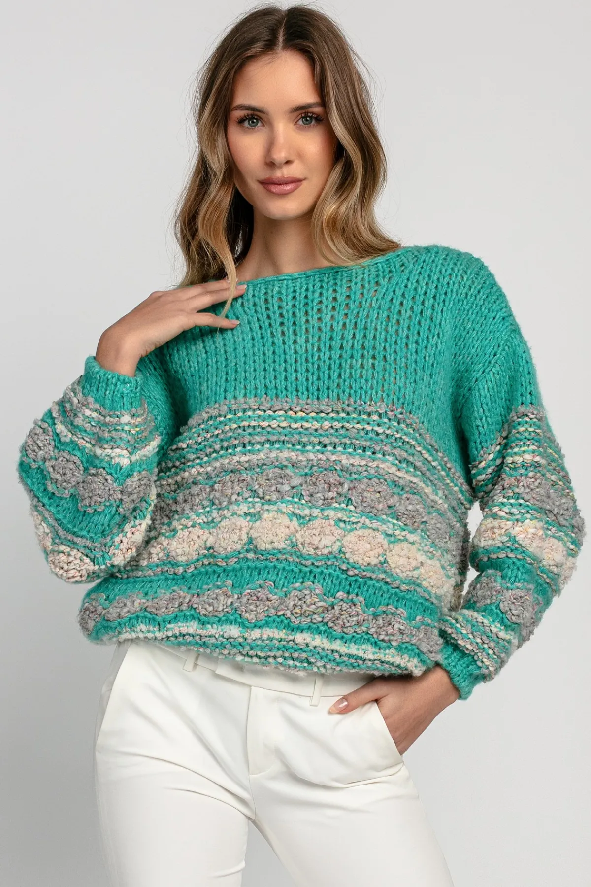 Swetry Oversize | Swetry Eleganckie>Fobya Luźny kolorowy sweter F1820 zielony