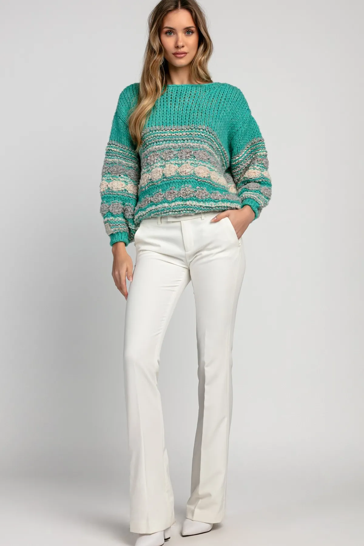 Swetry Oversize | Swetry Eleganckie>Fobya Luźny kolorowy sweter F1820 zielony