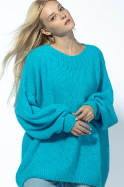 Swetry Na Jesień I Zimę | Ciepłe Swetry>Fobya Luźny sweter z bufiastymi rękawami - Oversize F1724 niebieski