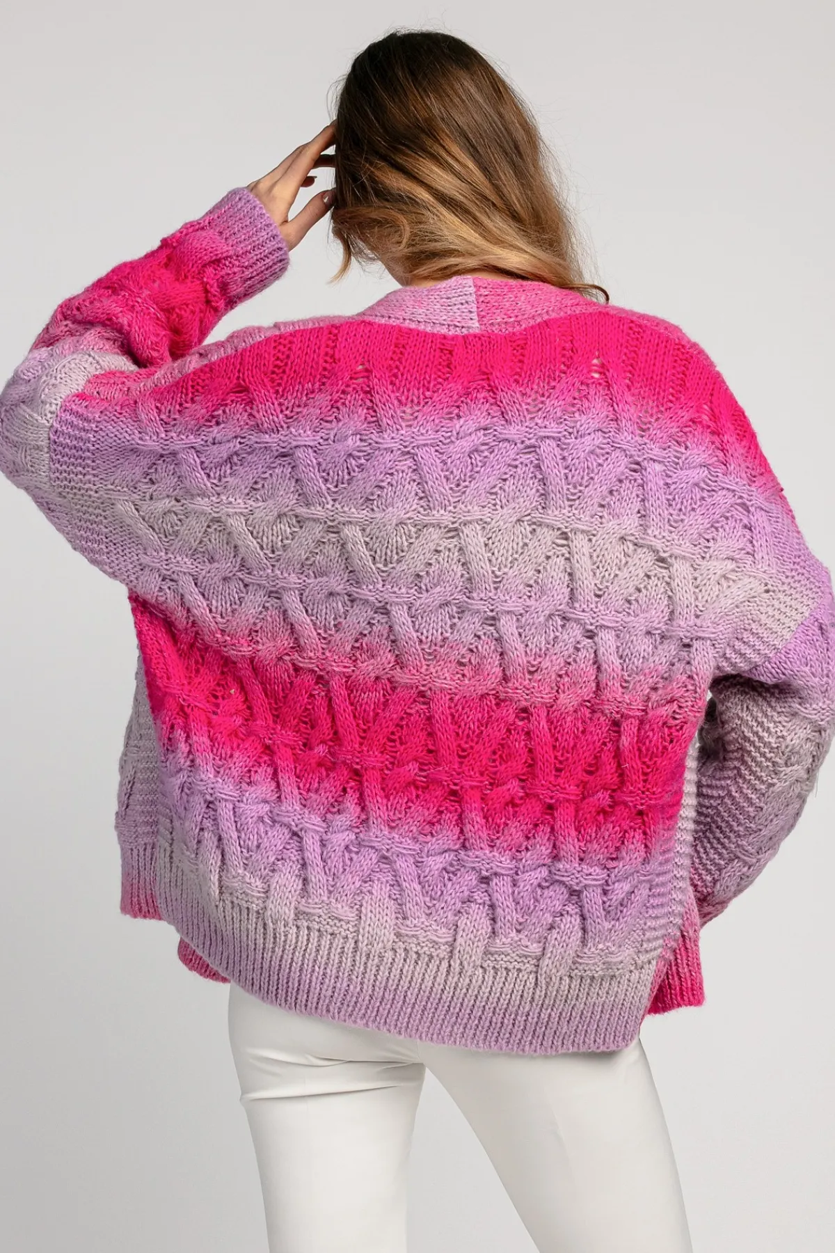 Kardigany Klasyczne | Kardigany Zapinane>Fobya Multikolorowy zapinany kardigan z aranowym splotem F1972 sweetpink
