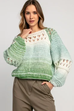 Swetry Ażurowe | Swetry Kolorowe>Fobya Sweter ażurowy o grubszym splocie chunky knit F1976 zielony