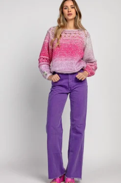 Swetry Ażurowe | Swetry Kolorowe>Fobya Sweter ażurowy o grubszym splocie chunky knit F1976 różowy