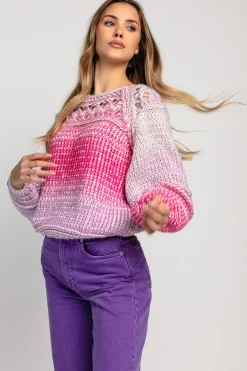 Swetry Ażurowe | Swetry Kolorowe>Fobya Sweter ażurowy o grubszym splocie chunky knit F1976 różowy