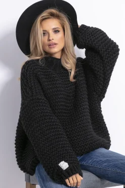 Swetry Na Jesień I Zimę | Ciepłe Swetry>Fobya Sweter CHUNKY KNIT luźny w prążek F790 czarny